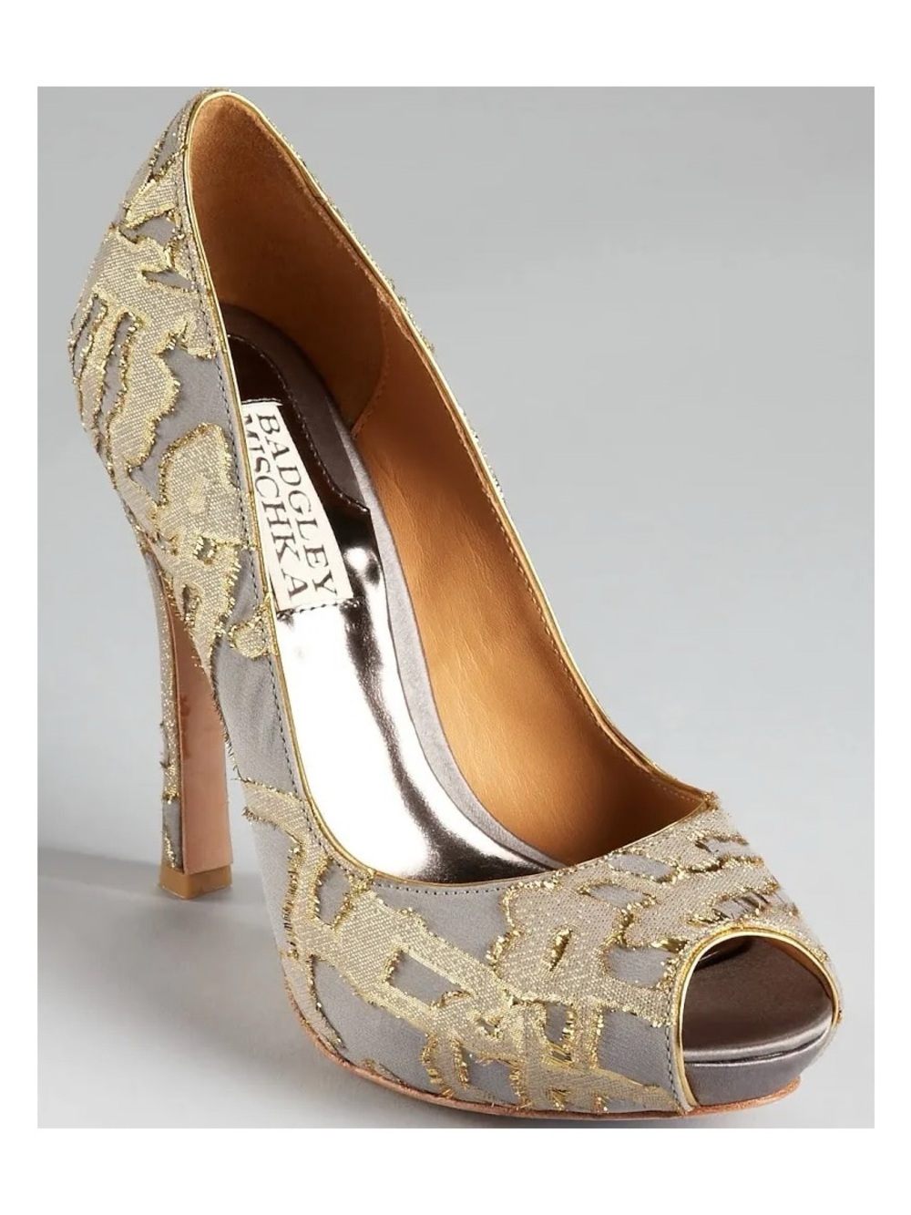 Badgley Mischka Roxie Peep Toe Heels Pump Grey Gold Size 8.5